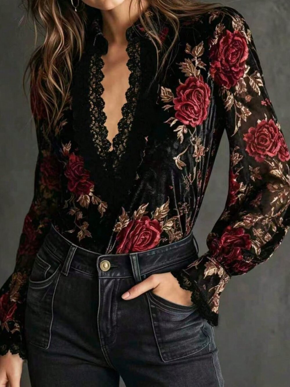 Black Casual Women's Velvet Floral Long Sleeve Shirt - Picture 5 of 6